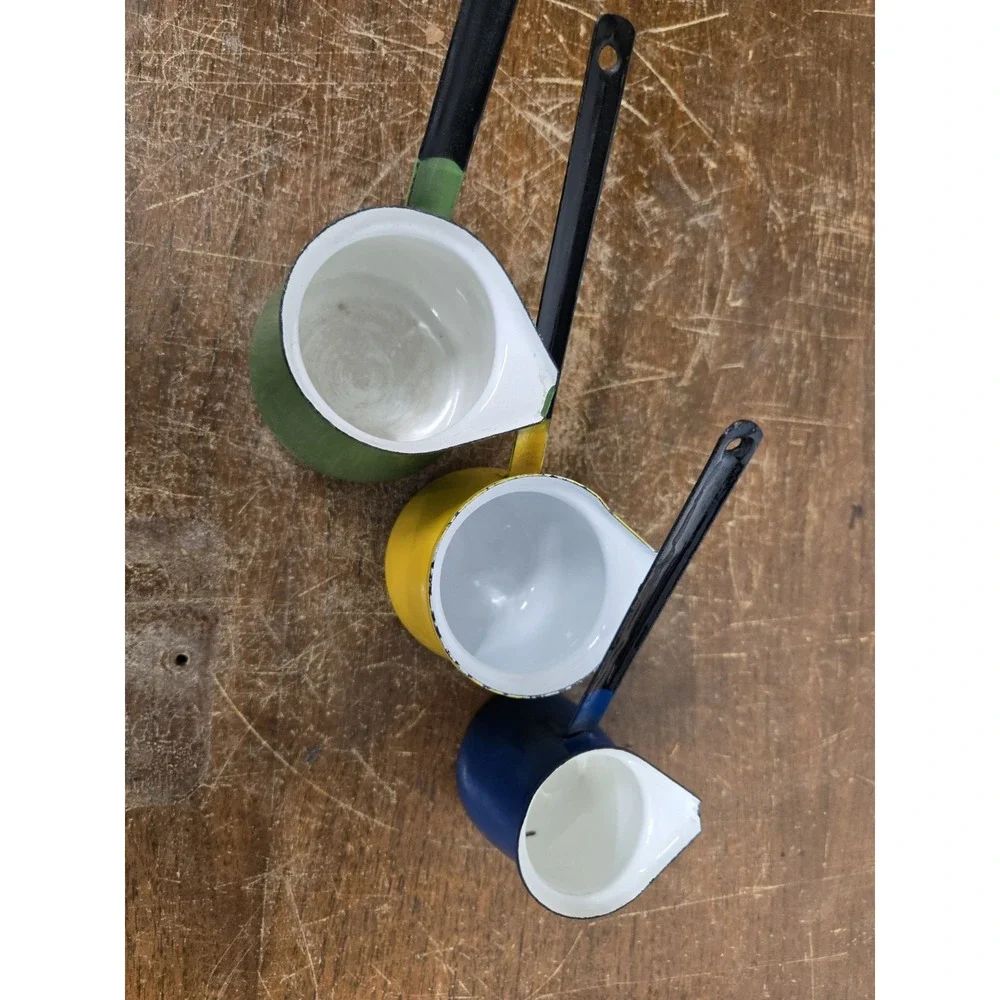 Vintage Enamelware Pouring Pots Set of 3 Green Yellow Blue Long Handle